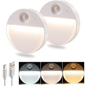 DAMI Rechargeable Motion Sensor Night Light Indoor, 2 Pack - Dimmable LED Closet Lights with 3 Color Temperatures, Magnetic Stick-On Wireless Under Cabinet Lighting for Hallway, Stairs, Kitchen (White_Round)