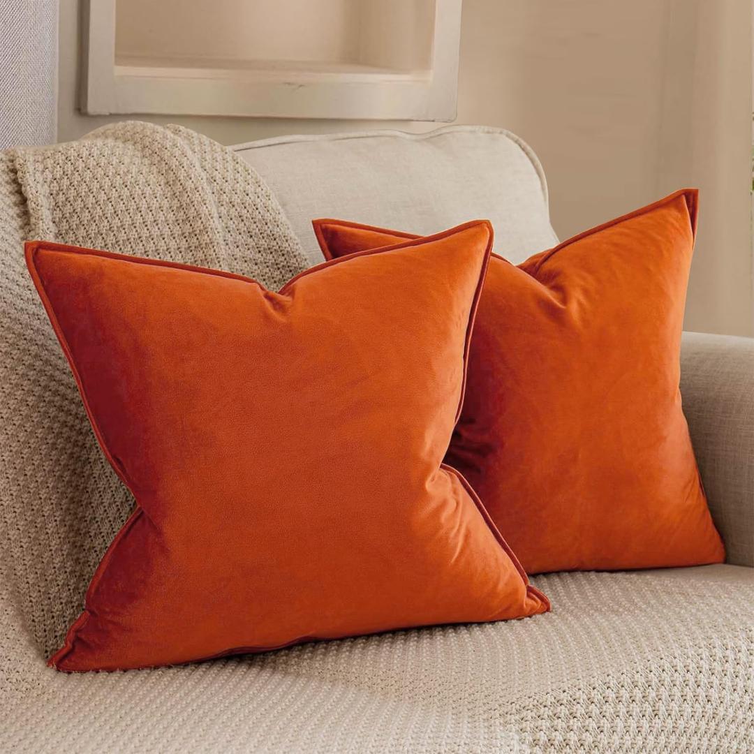VAKADO Fall Throw Pillow Covers 18x18 Set of 2 Burnt Orange Halloween Velvet Decor Decorative Couch Cushion Autumn Fall Euro Pillowcases with Fringe Home Bed Decoration for Sofa Bedroom Office