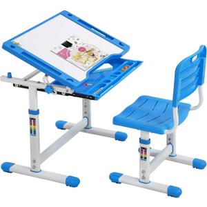 FDW Kids Desk and Chair Set, Height Adjustable Multifunctional Student Study Desk Kids Art Table Children's Chair Set with Storage Drawer 45Tilted Desktop for Boys&Girls,Blue