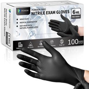 PROMEDIX P 6 Mil Nitrile Exam Gloves, Powder-Free Latex-Free Disposable 100 Medical Grade Food Safe for Medical (Medium, Black)