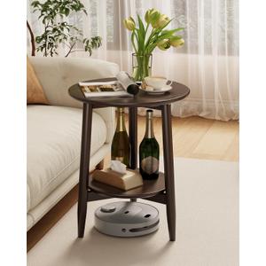 Round End Table,Solid Wood Small Round Table with Lower Shelf,Round Side Table,Nightstand for Small Spaces,Living Room,Bedroom(Walnut)