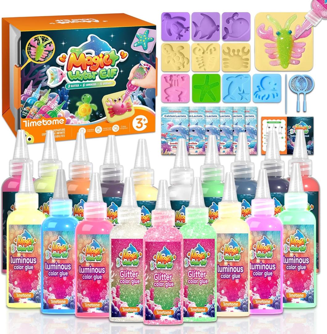 Timetome Magic Water Elf Toy Kit for Kids  20 Gels (11 Standard + 6 Glitter + 3 Glow) & 10 Molds, DIY Squishy Maker, Aqua Fairy Gel Toys, Night Glow & Glitter, Valentine Gifts for Boys & Girls 3+