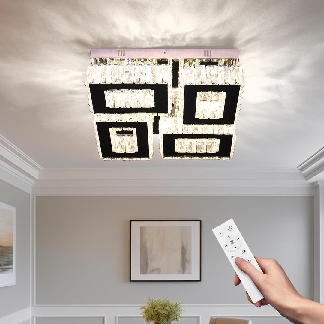 13.1''Square Modern Chandelier Crystal Ceiling Light Stainless Steel LED Flush Mount Ceiling Light Fixtures for Bedroom Living Room Kitchen (Dimmable)