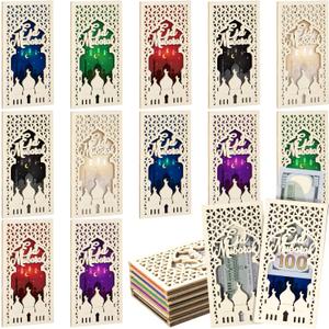 Novabright 12 Pcs Eid Mubarak Wooden Money Holders Ramadan Cash Envelope Cash Wallet DIY Eid Gift Card Holders for Friends Family Muslim Party Decoration, 6 Styles (Vertical)