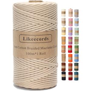 Braided Cotton Cord 3mm109 Yards Natural Macrame Cotton Cord Bohemia Macrame Rope for Handmade Plant Hangers Wall (Apricot)