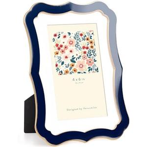 Venusmiles 4x6 Enamel Picture Frame with Mat to 3x5, Wavy Cloud Border, Gold Metal Edge Easel, Real Glass Photo Frame for Wall and Tabletop Display Family Office Photo Gallery, Navy Blue Enamel/1pc
