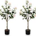 HMASYO 36 inch Artificial Camellia Flower Topiary Trees Set of 2, Potted Fake Flowering Plants Blooming Camellia Tree, UV Resistant Artificial Plants for Indoor Outdoor Home Front Porch Garden Decor