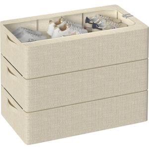 Under Bed Storage Bins with Metal Frame, Shoe Organizer for Closet with Large Clear Windw,Foldable Stackable Linen Fabric Clothes Organizer Bins (Beige, 23.6(L) x13(W) x6(H) inch)