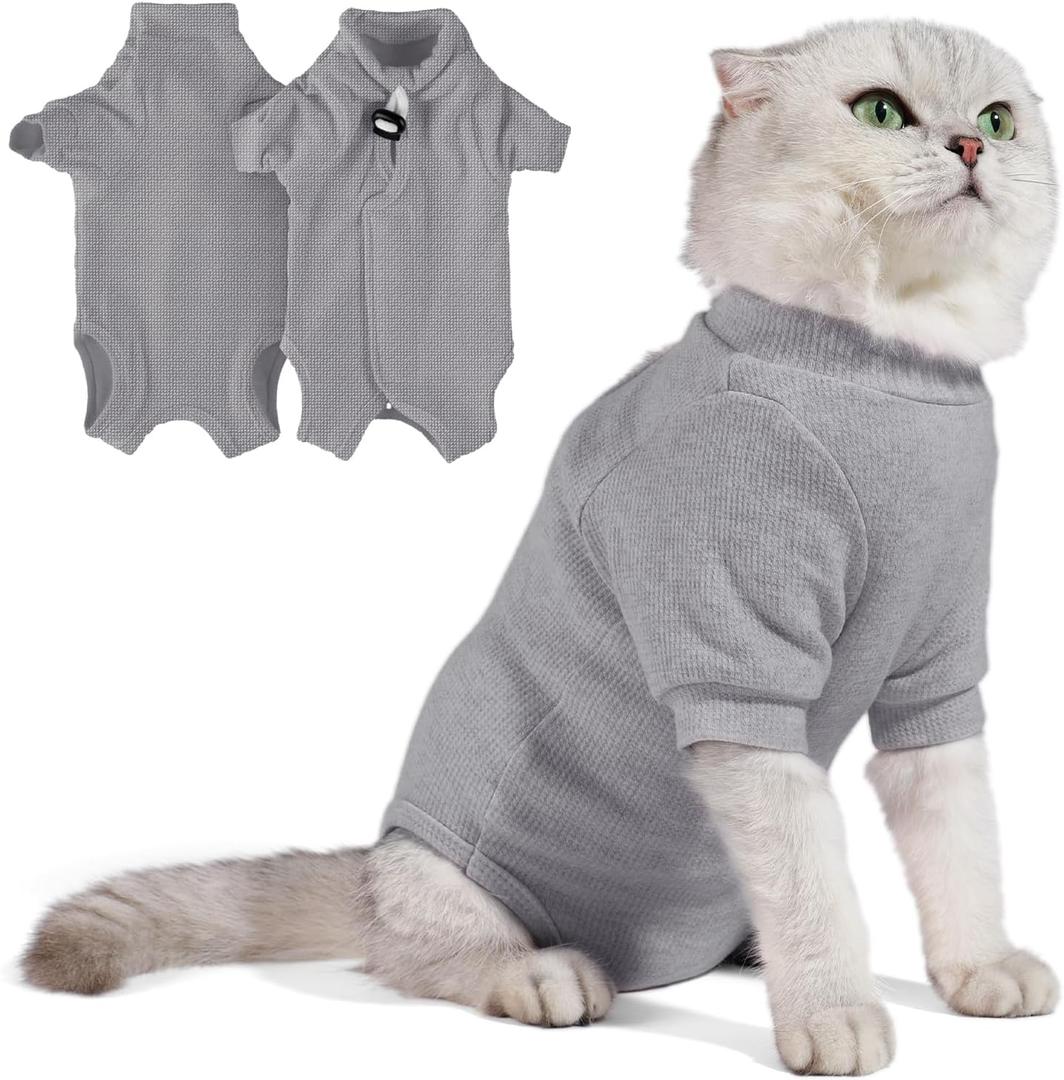 Breathable Cat Recovery Suit for Female/Male, Anti-Licking Kitten Onesie - Cat Surgery Pajamas with Sleeve After Spay, Prevent Shedding, Abdominal Wounds, Skin Diseases or E-Collar Alternative (Small, Ash Gray)