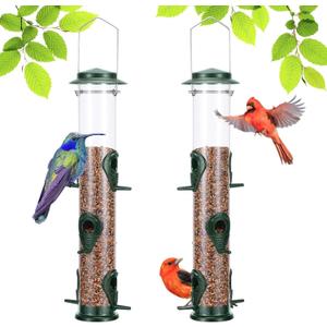 MIXXIDEA 2PK Metal Wild Bird Feeder Bird Feeders for Outdoors Hanging 6 Port Tube Bird Feeder Transparent Finch Feeder with Steel Hanger Green
