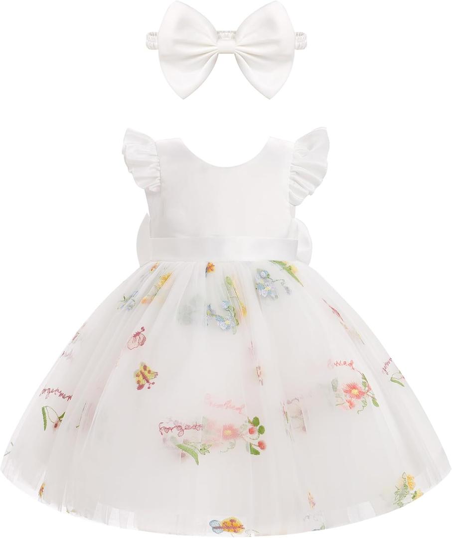 ODOLDI Kids Girls Wedding Flower Girl Dress Flutter Sleeve Embroidered Strawberry Pattern Mesh Tutu Dress with Bowknot (3T, White)