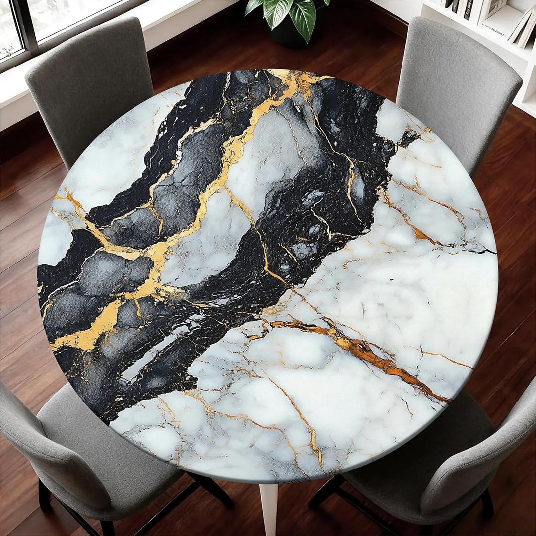 Waterproof Round Tablecloth with Elastic Edge, Fitted Round Table Cover Wipeable Summer Tablecover Fits Tables up to 53-60 for Kitchen Picnic Party, Black White Marble