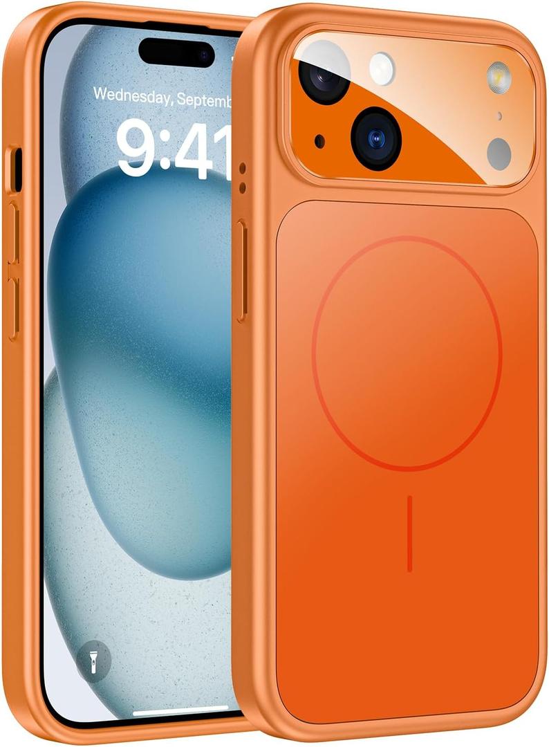 TOBOVON for iPhone 15 Case with Camera Lens Protector, Compatible with MagSafe, Slim Matte Magnetic Shockproof Phone Cover for iPhone 15, Orange