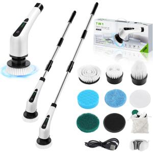 Electric Spin Scrubber, Cordless Bathroom Tub Scrubber with Long Handle & 7 Replaceable Cleaning Heads, Extension as Short Handle, Portable Power Shower Brush Household Tools for Tile Floor (White)