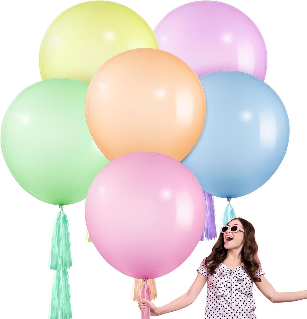 Gejoy 12 Set Jumbo Pastel Balloons 36 Inch Macaron Balloon with Tassels Giant Latex Balloon for Pastel Birthday Party Baby Shower Easter Decorations
