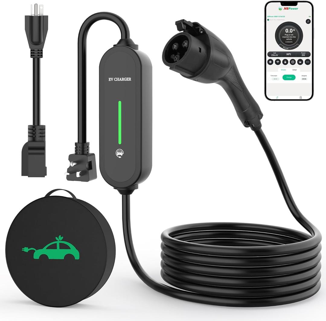 RUTU Level 1/2 EV Charger J1772, 6-16A Adjustable Portable EV Charger for Home with 16.5FT Cable,WiFi Enabled Electric Vehicle Charging Stations with 240V NEMA 6-20 Plug & 120V NEMA 5-15 Adapter