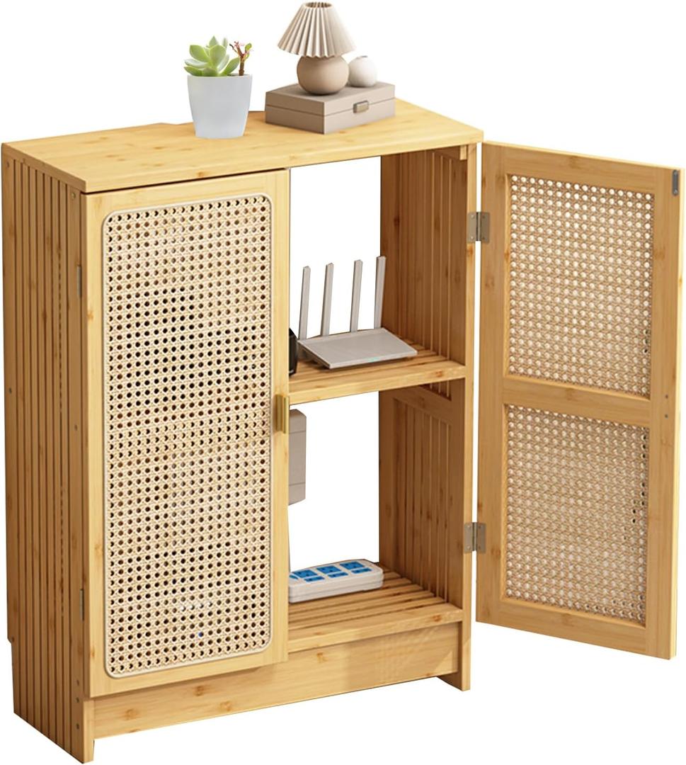 Jueraori WiFi Router Storage Cabinet with Adjustable Shelves, 2-Tier Bamboo Rattan Standing Modem Organizer Box for Home & Office, No Back Panel, 27.6" x 19.7" x 9.8"