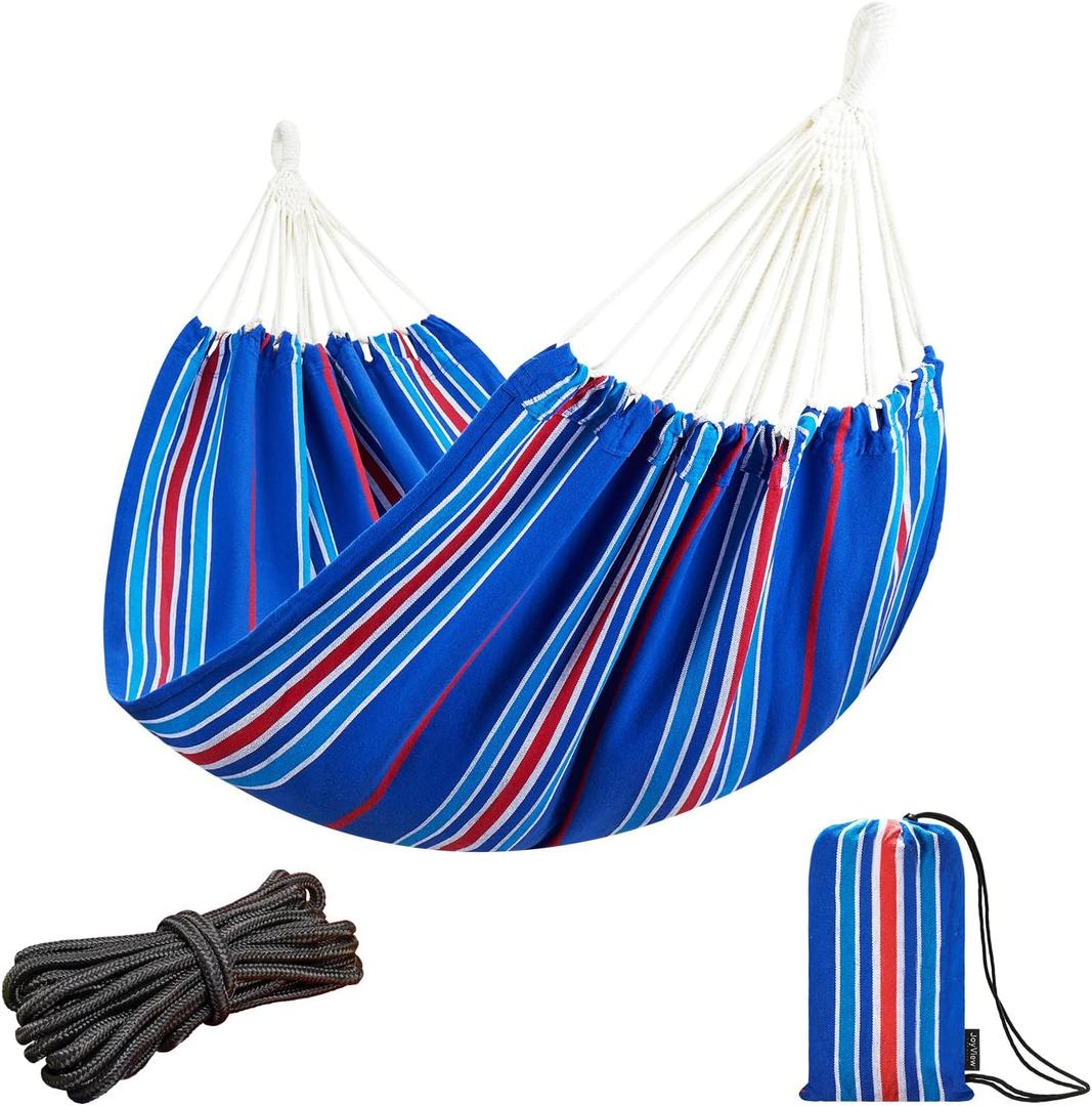 JoyView Brazilian Hammock for Single Person Portable Hammock with Hanging Ropes & Carry Bag Large 78.8x39.4 for Patio 300LBS Capacity Perfect for Outdoor/Indoor - Blue Stripe