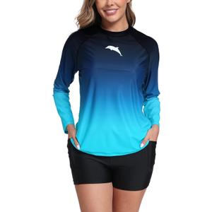 Halcurt Women's Built in Bra Rash Guard Long Sleeve Swimwear UPF 50 Two Piece Swim Shorts and Tops (Large, Ombre Dark Blue)