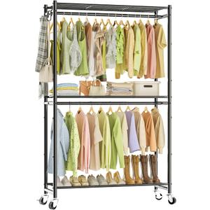 Rolling Clothes Rack for Hanging Clothes, 47.2"x 11.8"x 79" Large Capacity Garment Rack with Double Rods & 3 Wire Shelves, Portable Closet with Wheels for Bedroom, Laundry, Balcony (Black)