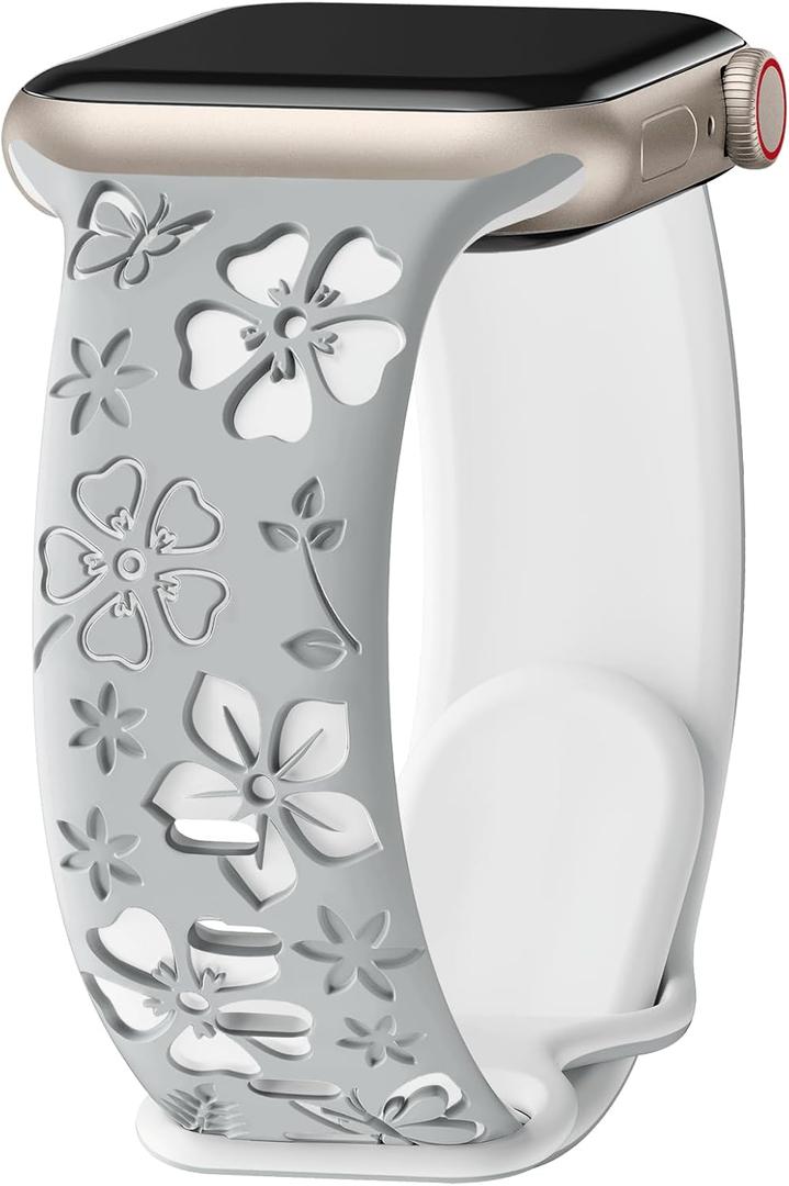 Floral Engraved Band Compatible with Apple Watch Band Women 40mm 38mm 41mm 42mm 44mm 45mm 46mm 49mm, Soft Silicone Two-Tone Flower Sport Strap for iWatch Series 10 9 8 7 6 5 4 3 2 1 SE Ultra