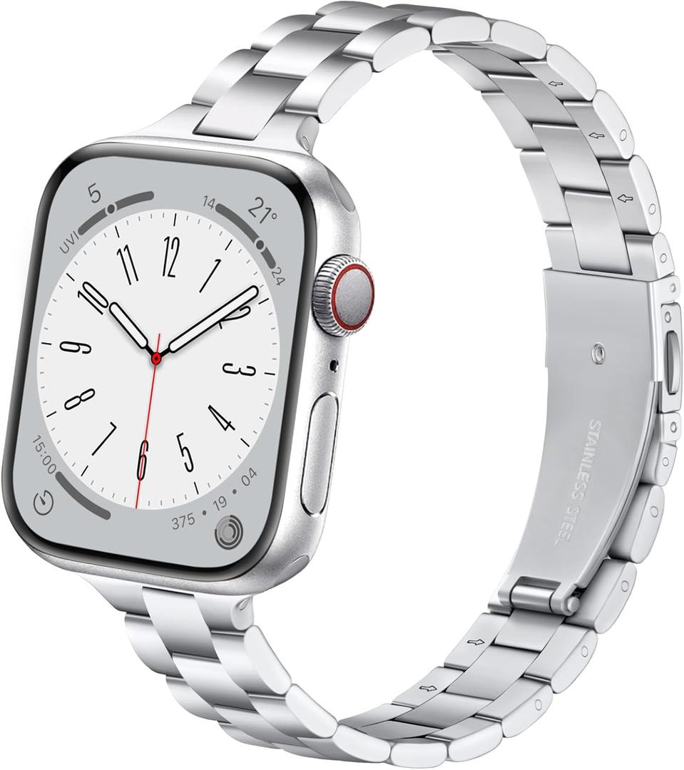 Thin Stainless Steel Bands Compatible with Apple Watch 38mm/40mm/41mm/42mm for Women, Metal Straps for iWatch Series 10, Silver