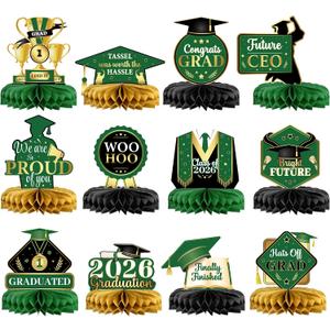 KatchOn, Green, Black and Gold Graduation Centerpieces 2026 - Pack of 12 | Graduation Centerpieces For Tables Graduation Decorations 2026 | Black and Gold 2026 Graduation Decorations