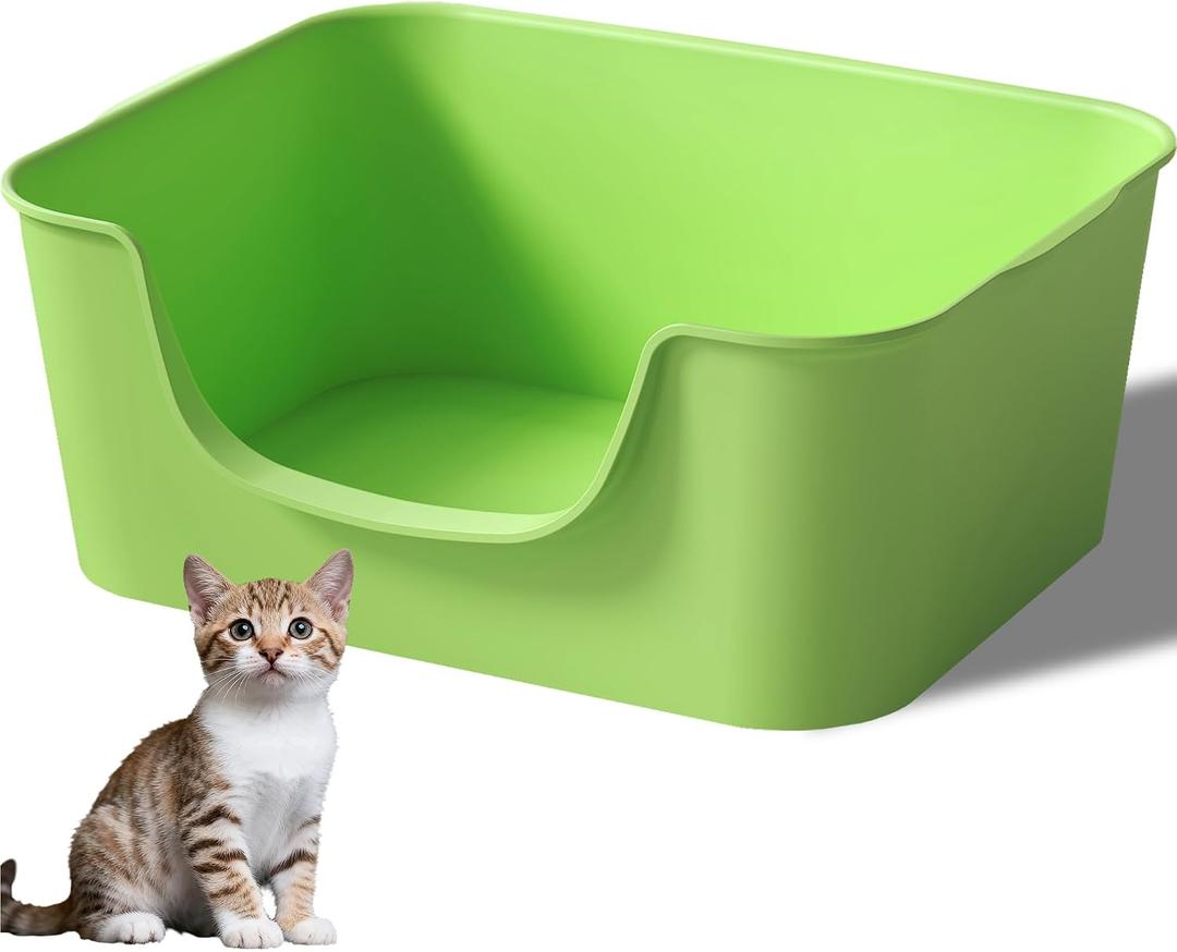 Low Entry Cat Litter Box with High Sides - Open-Top Anti-Splash, Durable Easy-Clean Pan for Kittens, Munchkin Cats, Senior Medium-Sized Cats & Small Pets (Rabbits), 19.3x13.3x7.8 Green