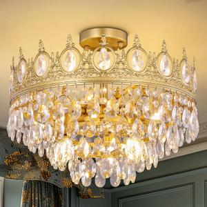 TOCHIC Flush Mount Ceiling Light Fixture, Modern Farmhouse Crystal Chandelier 6 Lights Gold Semi Flush Mount Ceiling Lighting for Bedroom, Dining Living Room, Kids Room, Foyer, 18 W