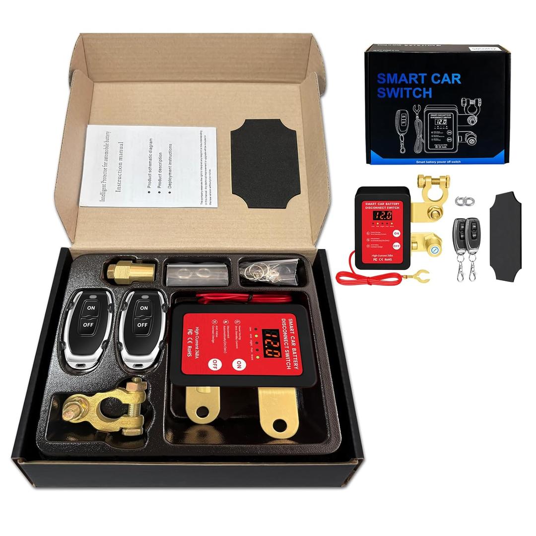 12V Smart Battery Disconnect Switch with Remote Control - Perfect for Cars, Trucks, RVs, and ATVs - Features LED Voltage Display and Anti-Theft Battery Cut-Off Capability (Black-DC)