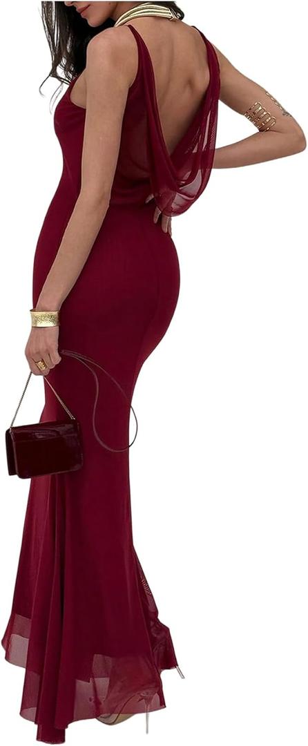 GORGLITTER Women's Mesh Draped Fishtail Dresses Sleeveless Bump Friendly Wedding Guest Party Graduation Bodycon Maxi Dress (M)