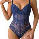 Avidlove Lingerie for Women Lace Bodysuit V Neck Body Suits One Piece Floral Teddy Lingeries Sexy Mesh Top Wireless Babydoll (Medium, Navy Blue)