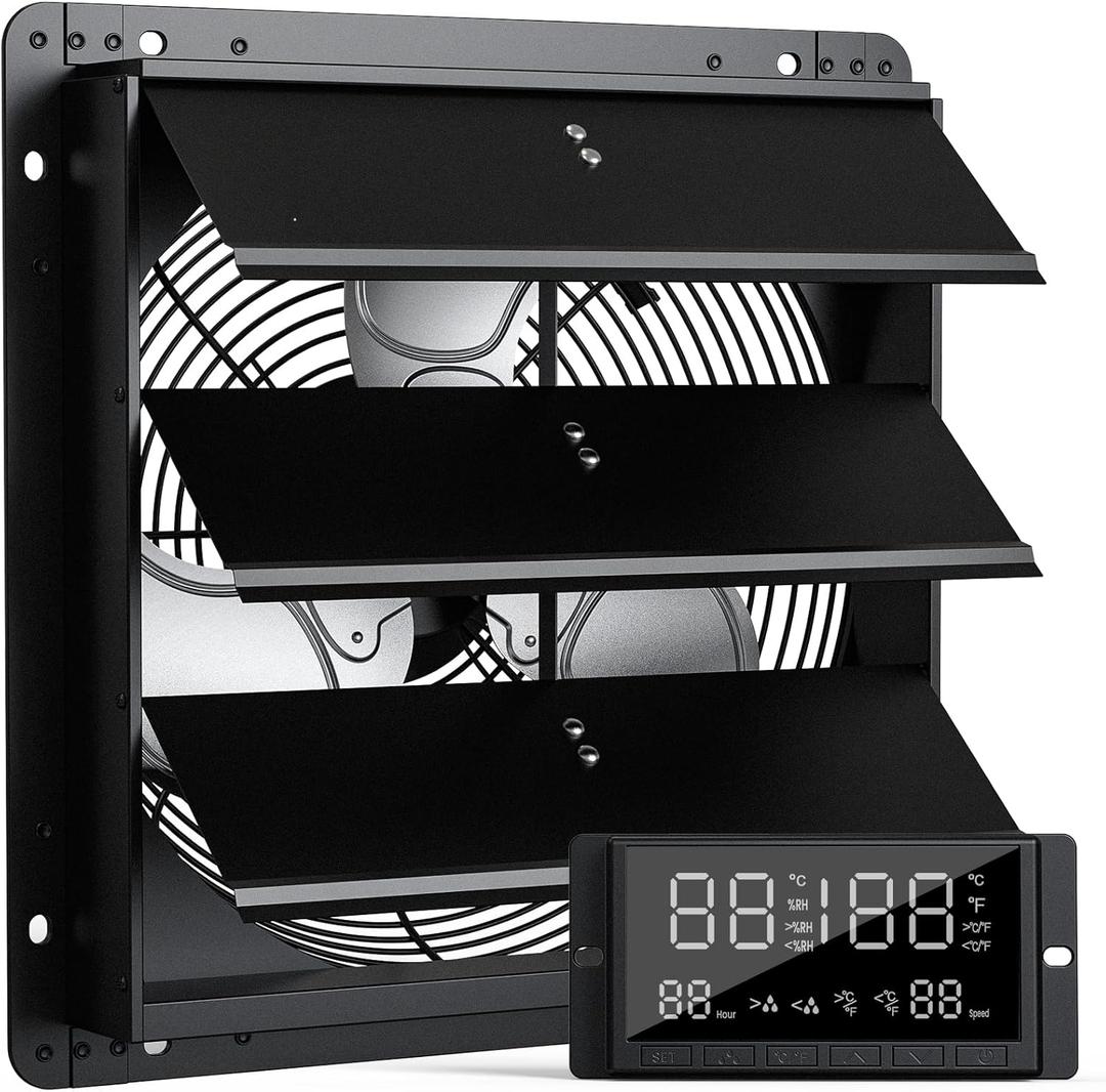 12" Wall Mounted Shutter Exhaust Fan, Attic Fan with Thermostat Humidity Controller, 10-Speed Adjustable, 940 CFM, Automatic Shutter, Vent Fan for Greenhouses, Garages, Shop, Chicken Coops (Black)