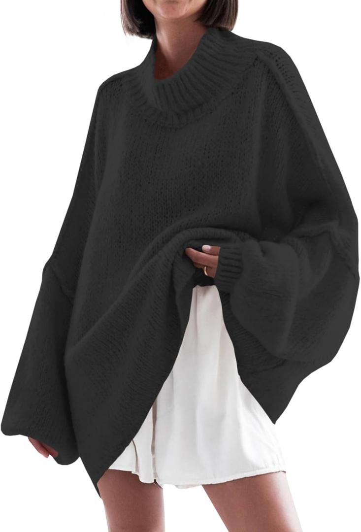 Saodimallsu Womens Oversized Sweaters Mock Neck Batwing Long Sleeve 2026 Fall Trendy Ribbed Knit Casual Tunic Sweater (Medium, Black)