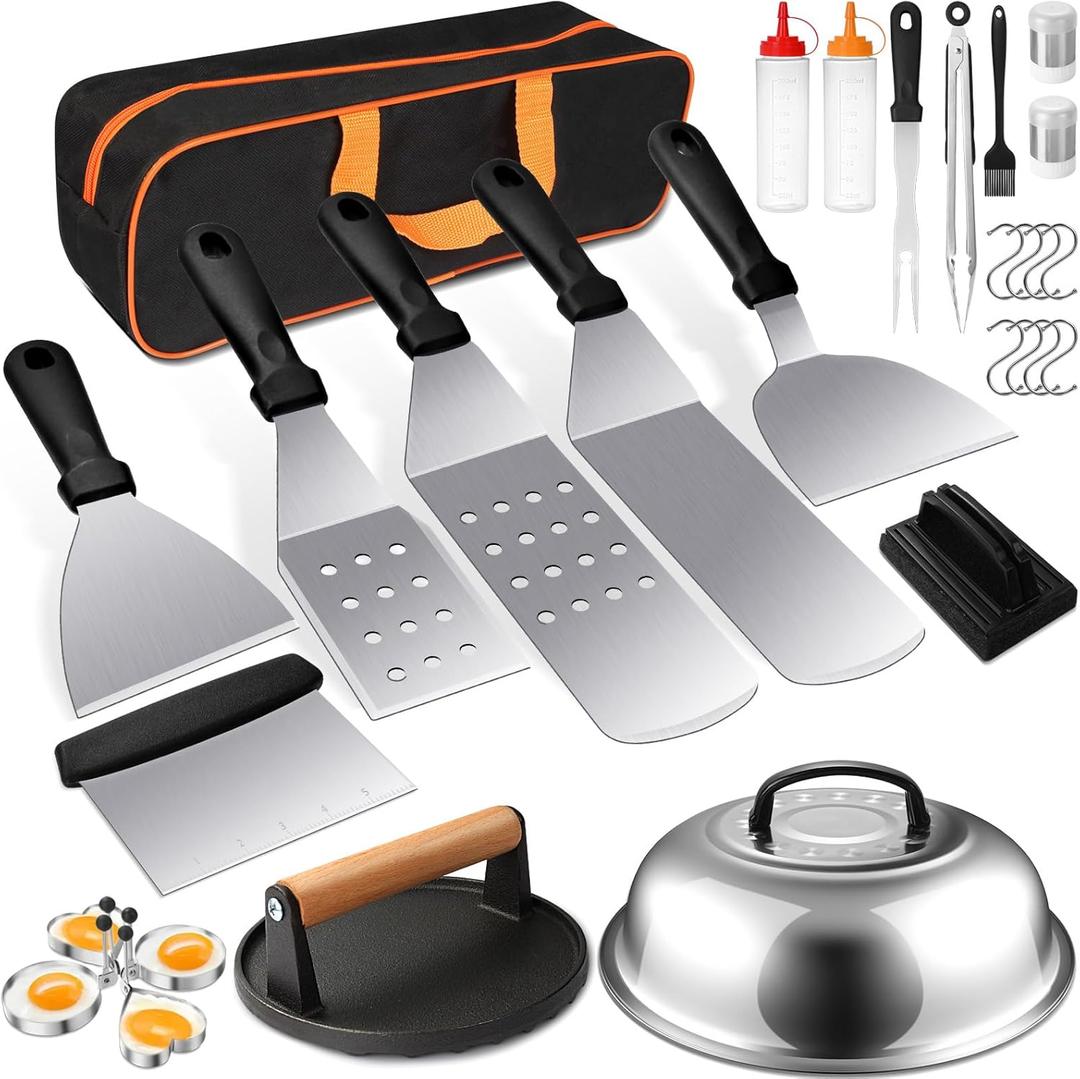 Griddle Accessories Kit, Terlulu 29 PCS Flat Top Grill Accessories for Blackstone and Camp Chef, Metal Spatula Set with Burger Press, Melting Dome, Scraper, Tongs, Carry Bag for Outdoor Grilling BBQ Griddle Accessories Kit, Terlulu 29 PCS Flat Top Grill Accessories for Blackstone and Camp Chef, Metal Spatula Set with Burger Press, Melting Dome, Scraper, Tongs, Carry Bag for Outdoor Grilling BBQ
