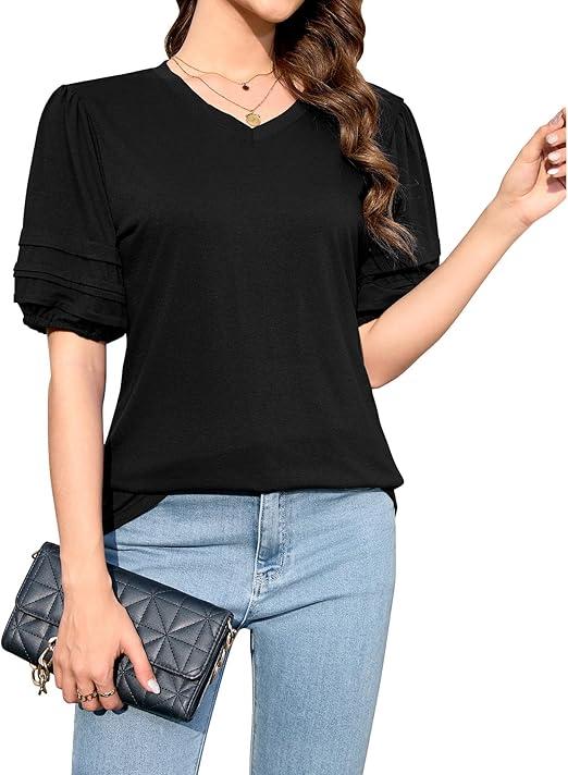 LA BAIESO Puff Sleeve Tops for Women V Neck T Shirts Casual Going Out Summer Tops Puffy Sleeves Blouse Loose Fit Tunic Tops Black Size large
