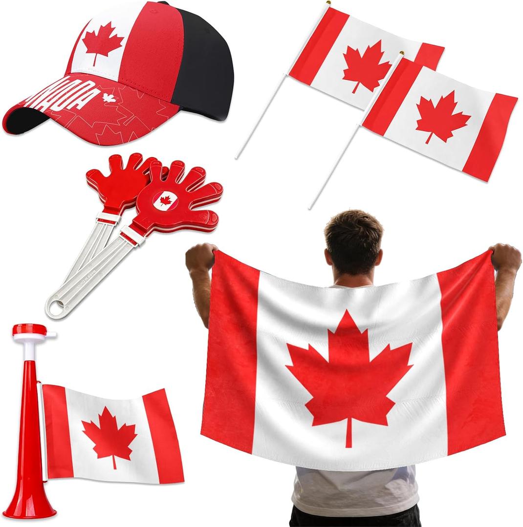 7Pcs Soccer Fan Set, Canada Patriotic-theme Supplies with Flags, Clappers, Shawl, Cap and Horn for Football Game, Patriotic Party & Costume Party