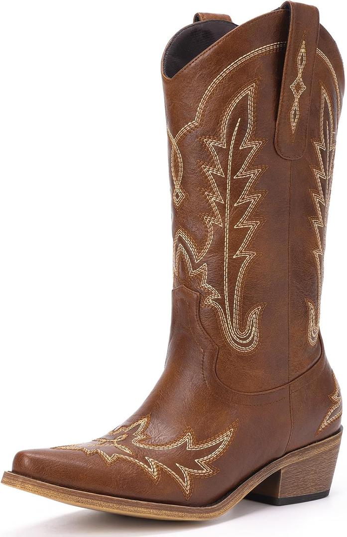Cowboy Boots for Women - Cowgirl Boots with Embroidery, Chunky Heel, Pointed Toe, Pull-on Vintage Western Mid Calf Fashion Boots for Ladies (7, Brown)