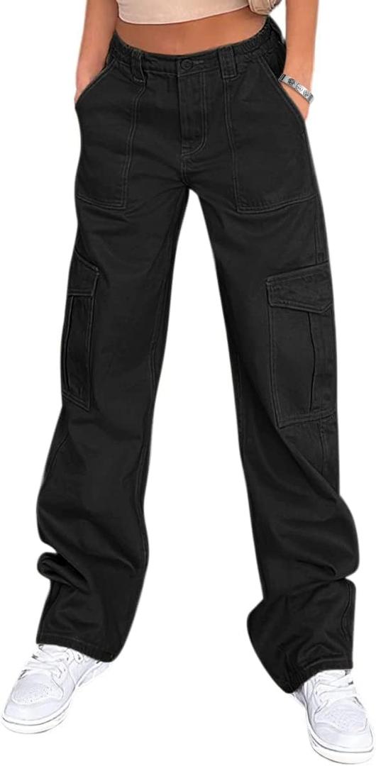 Lepunuo Cargo Pants for Women High Waisted Casual Pants Baggy Stretchy Wide Leg Y2K Streetwear with 6 Pockets M