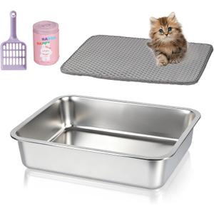 Stainless Steel Cat Sifting Litter Box 17.5" x 13.5" x 4" - Metal High Sided Open Top Litterbox Odor Control Non-Clumping with Scoop Litter Mat Trash Bag, Anti-Leakage, Less Tracking, Easy Cleaning