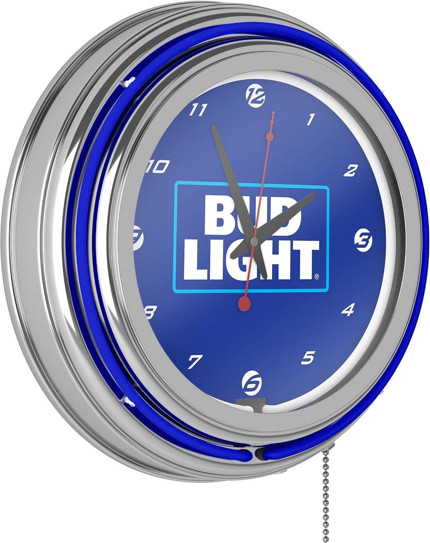 Neon Clock - Retro Bud Light Blue Analog Wall Clock with Pull Chain - for Kitchen, Garage, Game Room, or Home Bar by Trademark Gameroom, 14.5" X 14.5" X 3"