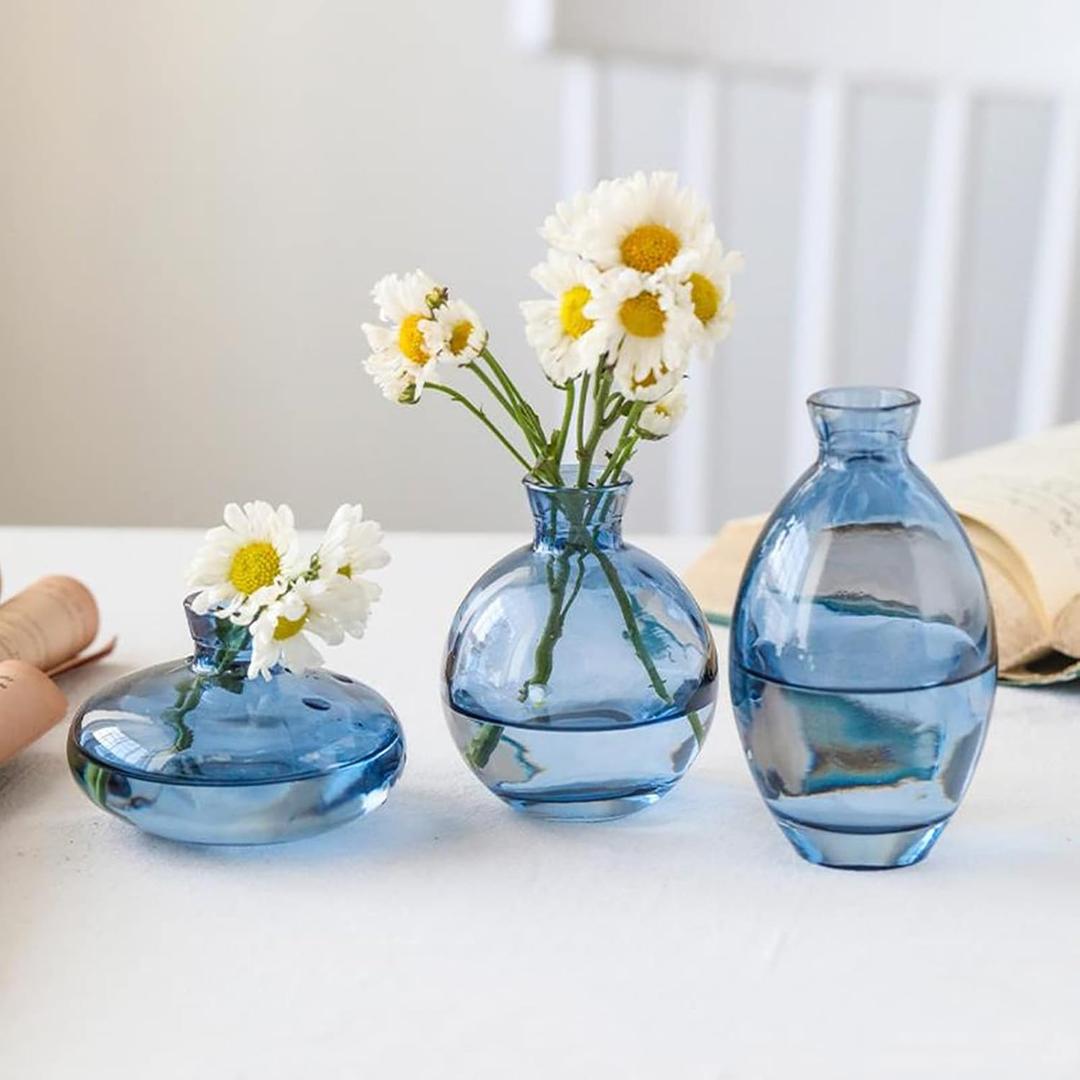 Glass Bud Vase Set of 3, Mini Vases Small Vases for Flowers, Glass Vases for Home Decor Centerpieces, Decorative Modern Flower Vase for Wedding, Bookhelf Décor, Table Décor (Blue)
