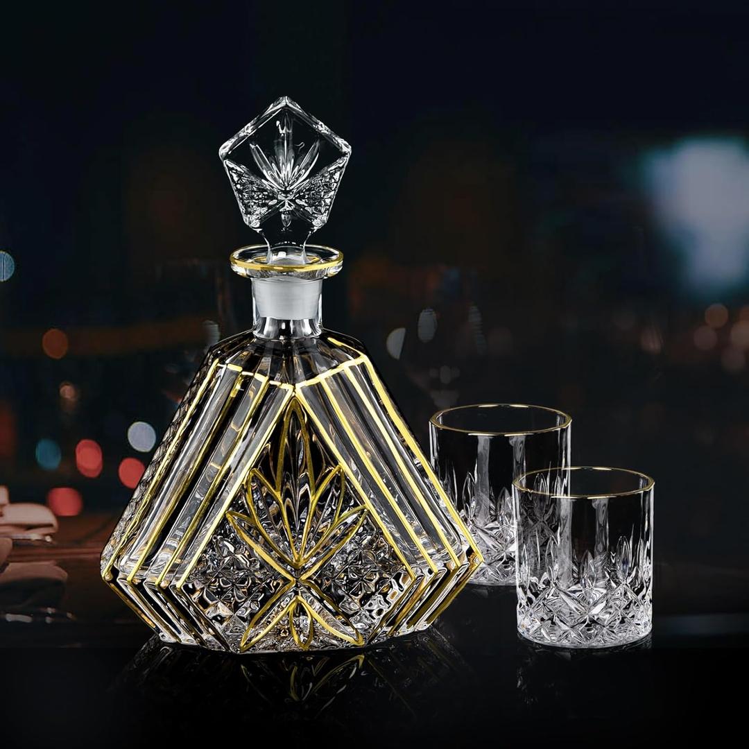 Hand-painted Gold Decanter Set for Men - Whiskey Decanter, Wine Aerator, and 2 Glasses, Liquor Bottles, Bourbon and Tequila Decanter,crystal decanter and 2 old fashioned glass