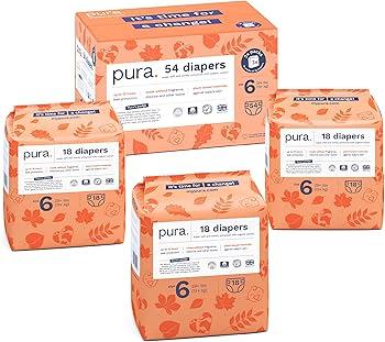 Pura Size 6 EcoFriendly Diapers (29+ lbs) Hypoallergenic, Soft Organic Cotton, Sustainable, up to 12 Hours Leak Protection, Allergy UK, Recyclable Paper Packaging, 18 Count (Pack of 3) (54 Diapers)