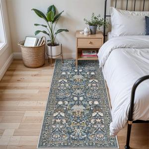 3x6 Washable Entryway Area Rugs: Vintage Easy to Clean Kitchen Rug Runner Soft Non Slip Floor Mat Indoor Farmhouse Carpet for Bathroom Living Room Bedroom Printed Hallway Runners(3x6 Floral/Blue)