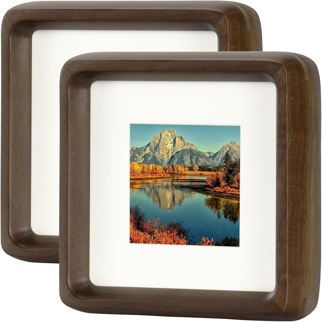 HELPLEX 4x4 Matted to 3x3 Square Picture Frame Set of 2 - Natural Walnut Wood with HD Tempered Glass, Convertible Design for Wall or Tabletop Display - Art Gallery & Luxury Home Office Decor