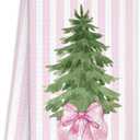 Pink Chinoiserie Christmas Kitchen Towels, Coquette Bow Christmas Tree Hand Towels for Bathroom, Preppy Grandmillennial Xmas Striped Decorative Dish Tea Towel, 16x24 Inch