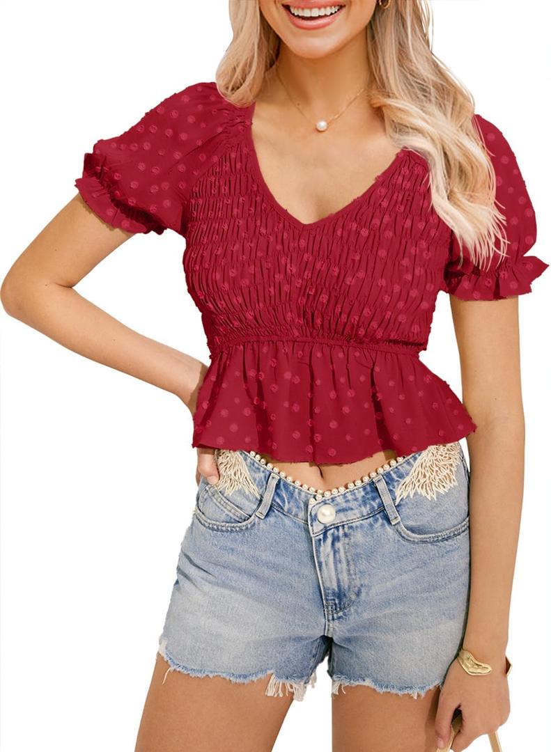 MIHOLL Peplum Tops for Women Summer Cute Crop Babydoll Puff Sleeve Shirts Dressy Casual Short Sleeve V Neck Blouses, Large