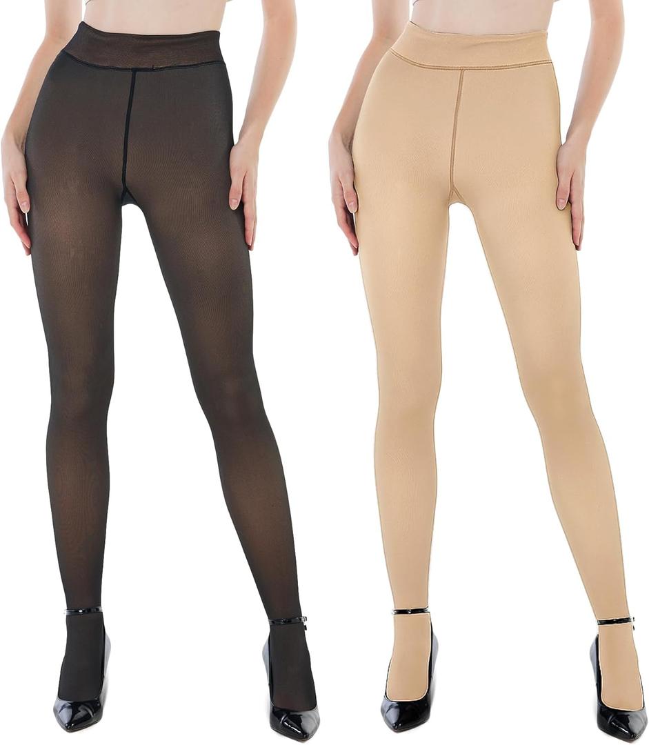 EXQUISLIFE Fleece Lined Tights Sheer Women - Fake Translucent Warm Pantyhose Leggings Sheer Thick Tights, for Winter (Large, Black+beige)