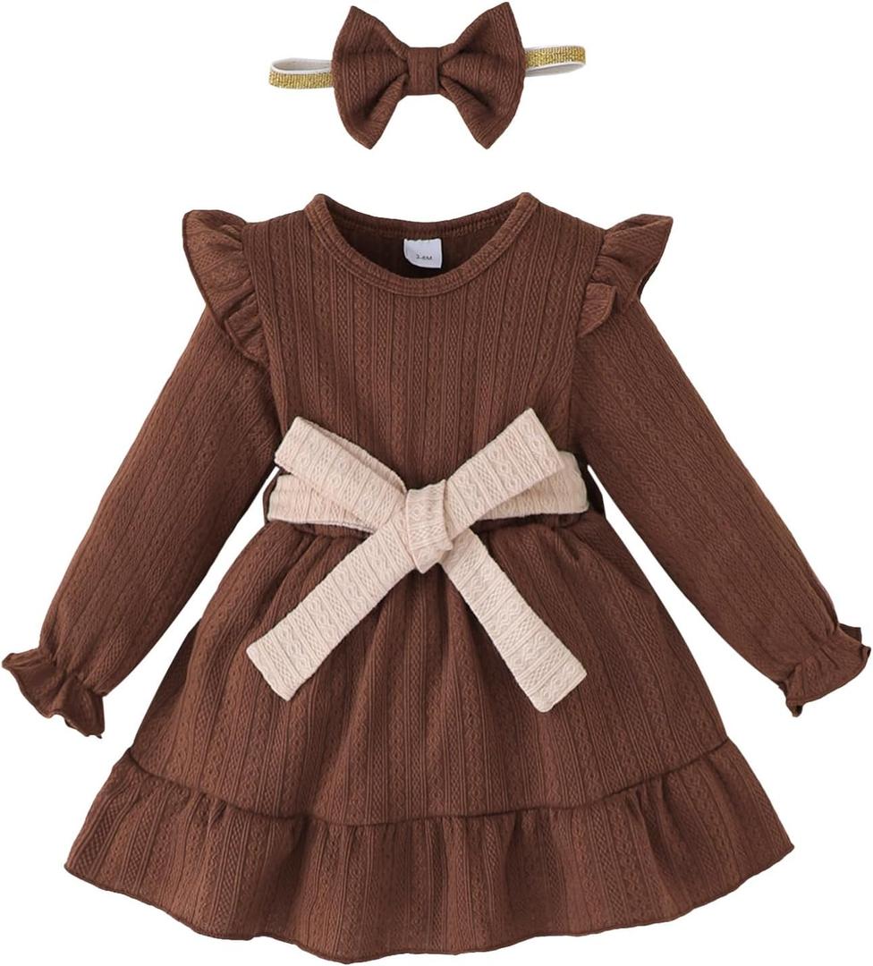 Mioglrie Baby Girl Dress Toddler Girls' Dresses 3 6 9 12 18 24 Months 2t 3t Girls Clothes Fall Winter Outfits (Brown)